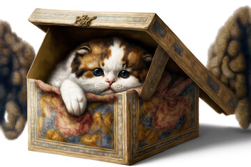 Flat eared Scottish fold cat in a box calico Generative AI