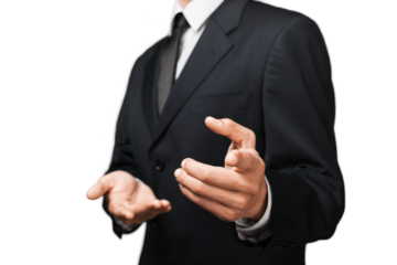 Businessman shows hands and fingers various symbols
