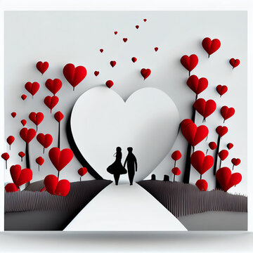 Valentine’s day image with a loving couple walking in a nice lovely, including hearts, white background, colours black and red, abstract