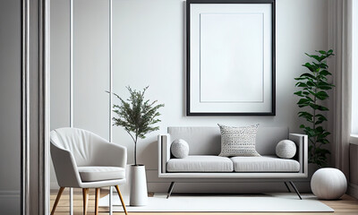 Fototapeta na wymiar Stylish bright living room in Scandinavian style, Frame mockup, generative AI