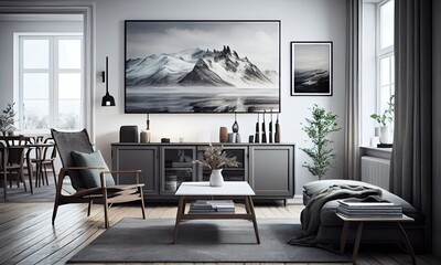 Stylish bright living room in Scandinavian style, Frame mockup, generative AI