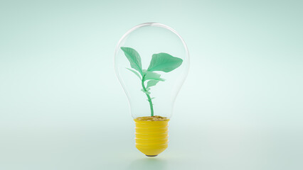 Tree growing in light bulb isolated on Green background. Designed in minimal concept and pastel color style.