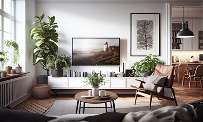 Stylish bright living room in Scandinavian style, Frame mockup, generative AI
