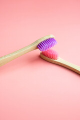 Natural bamboo toothbrushes. Dental care concept
