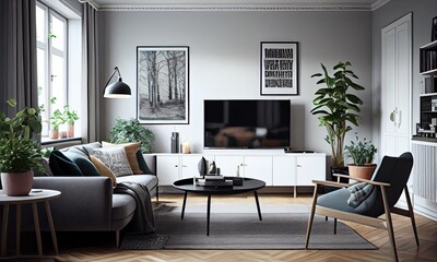 Stylish bright living room in Scandinavian style, Frame mockup, generative AI