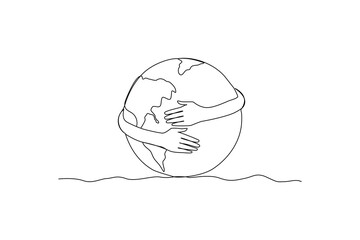 Earth day. One continuous line drawing a people hug earth. Earth day minimalist concept simple line, vector, love earth.