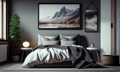 Modern bedroom interior with cozy bedding, generative AI