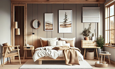 Fototapeta na wymiar Scandinavian style bedroom mockup in beige tones, generative AI