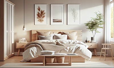 Scandinavian style bedroom mockup in beige tones, generative AI