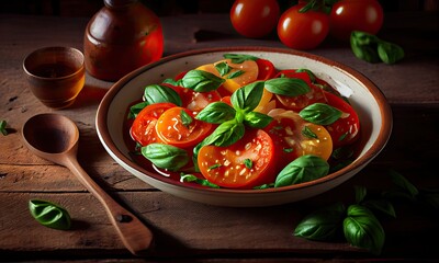 Tomato salad with green basil, wooden background, the concept of delicious and healthy, generative AI