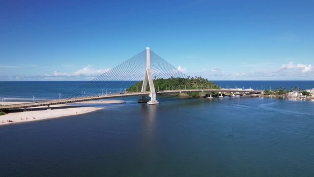 Aerial view of Ilheus, tourist town in Bahia. Historic city center with famous bridge in the background
