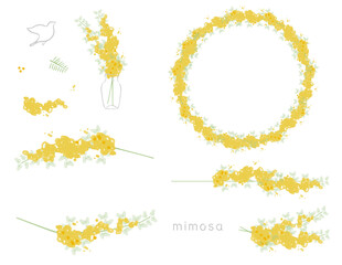 ミモザ（アカシア）のベクターイラストのデザインパーツセット（フレーム、花、葉っぱ）