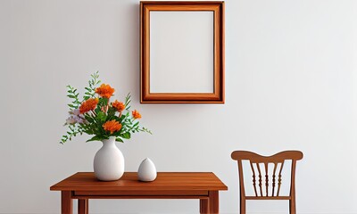 Fototapeta na wymiar Wooden photo frame next to a vase with flowers on a wooden table on a white background, generative AI
