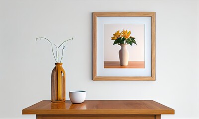 Wooden photo frame next to a vase with flowers on a wooden table on a white background, generative AI