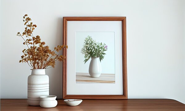 Wooden photo frame next to a vase with flowers on a wooden table on a white background, generative AI