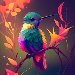 Fototapeta premium Beautiful hummingbird in foliage, rainbow bright colored illustration. Iridescent painting of colibri among green leaves.