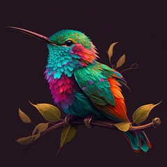 Fototapeta premium Beautiful hummingbird in foliage, rainbow bright colored illustration. Iridescent painting of colibri among green leaves.