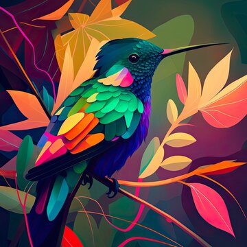 Beautiful hummingbird in foliage, rainbow bright colored illustration. Iridescent painting of colibri among green leaves.