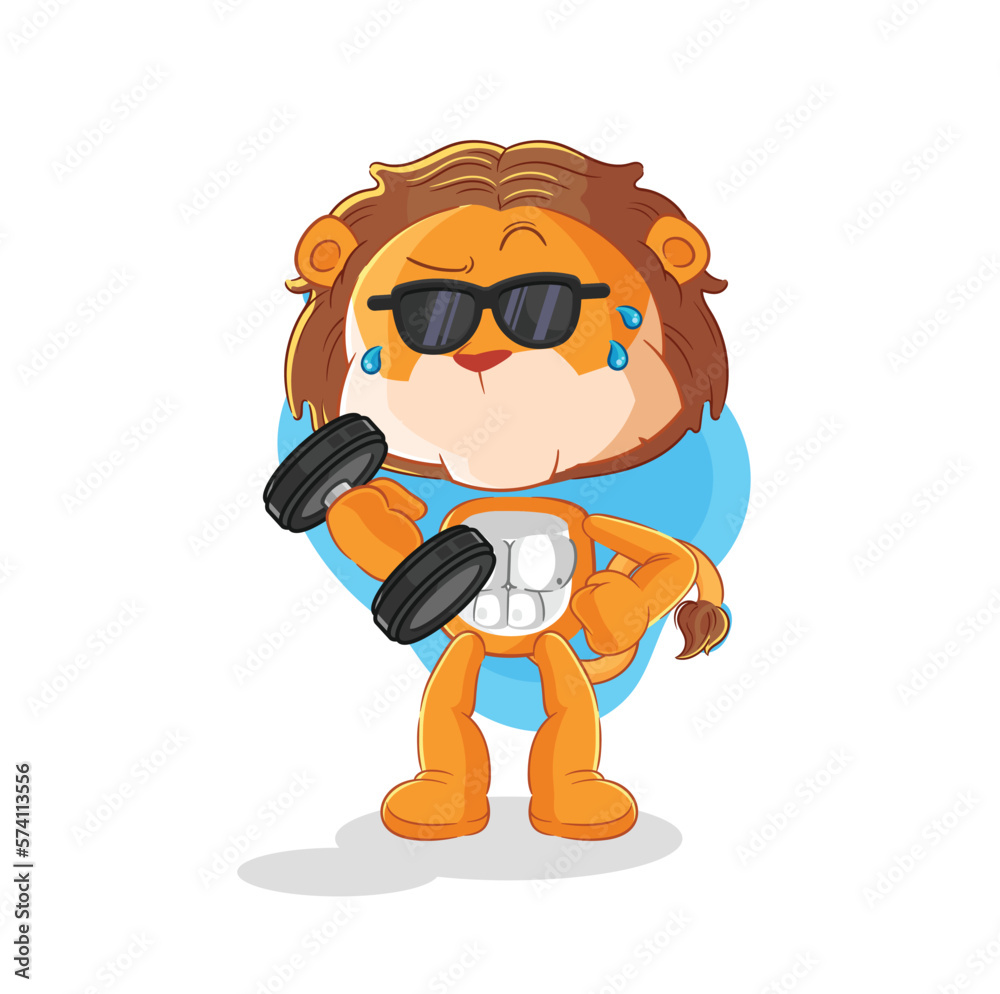 Sticker lion lifting dumbbell vector. cartoon character