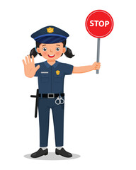 Cute little girl wearing police officer uniform holding stop traffic sign 