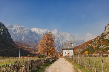 Small simple church in rural village of Theth, Albania.