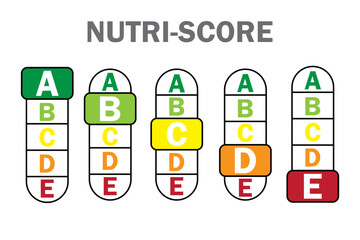 colorful packaging with nutri score. Set of different highlighted letters.Vector illustration. - obrazy, fototapety, plakaty