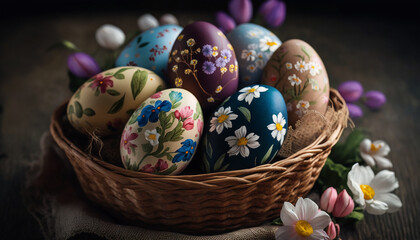 Beautiful Floral Easter Eggs in a Basket with Flower Blossoms - Made with Generative AI