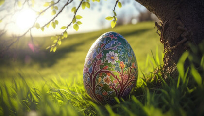 Beautiful Green Easter Egg Decorated with Tree Branches and Blossoms and Hidden in the Grass Beneath a Shrub - Made with Generative AI