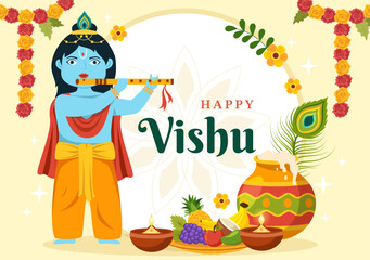 Happy Vishu Festival Illustration with Traditional Kerala Kani, Fruits and Vegetables for Landing Page in Flat Cartoon Hand Drawn Templates