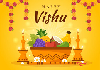 Naklejka premium Happy Vishu Festival Illustration with Traditional Kerala Kani, Fruits and Vegetables for Landing Page in Flat Cartoon Hand Drawn Templates