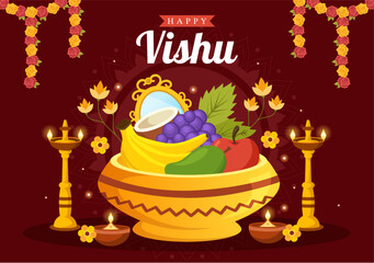 Happy Vishu Festival Illustration with Traditional Kerala Kani, Fruits and Vegetables for Landing Page in Flat Cartoon Hand Drawn Templates