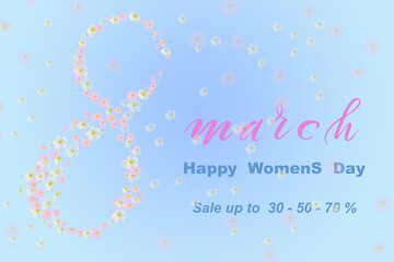 flyer or banner about 30,50,70 percent discount for international women's day on march 8th. 3d illustration