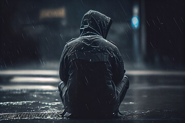 sad man in the rain