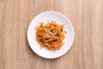 Spicy mung bean sprouts salad (Kongnamul Muchim), Korean food side dish, Table top view
