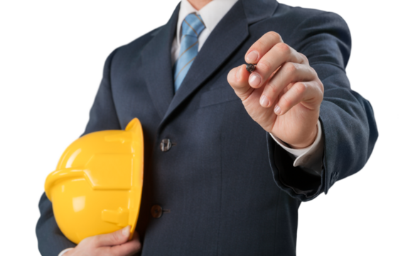 Business man with helmet drawing on virtual screen - Powered by Adobe