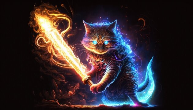 Portrait of a Cute warrior cat holding a lightsaber on black background. Portrait of a warrior cat holding a lightsaber standing Generative AI	