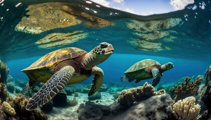 Obraz na płótnie Canvas green sea turtle swimming underwater, underwater coral reef, clear ocean water seabed with tortoise generative ai,