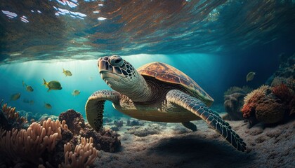 Fototapeta premium green sea turtle swimming underwater, underwater coral reef, clear ocean water seabed with tortoise generative ai,
