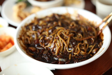Korean black bean sauce noodle traditional dish close up food