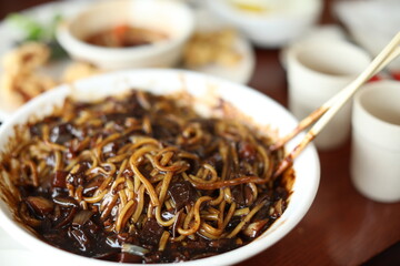 Korean black bean sauce noodle traditional dish close up food