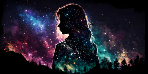 A girl looking at night starry sky with glitter glow galaxy flicker above