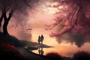 Lovers at dawn walk along the lake between cherry blossom in spring 