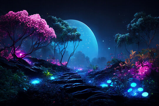 Colorful bioluminescence plants in forest, crystals and glowing path, fireflies, Pandora planet at night