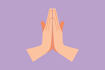 Character flat drawing hands folded in prayer icon. Praying hands with faith in religion. Power of hope or love and devotion. Namaste or Namaskar hand gesture. Cartoon style design vector illustration