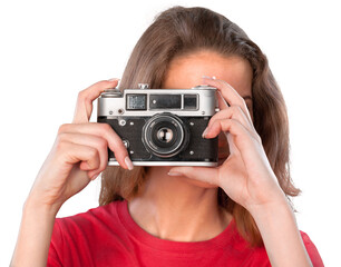 Pretty young woman holding camera isolated on white background