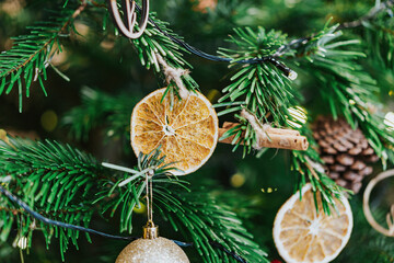 Christmas Tree branches decorated with berries, ribbon, star, pines and red balls