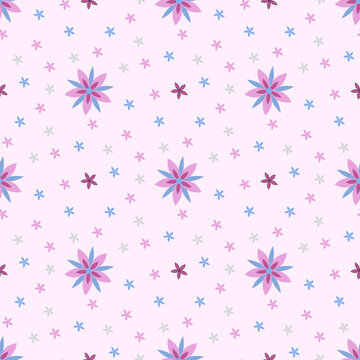 This is a seamless pattern with pink-purple flowers are surrounded by small colorful flowers on a light pink tone background. That looks great and beautiful.