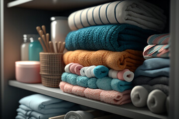Obraz na płótnie Canvas bath accessories towels shampoos and cosmetic in the closet bottle illustration Generative AI