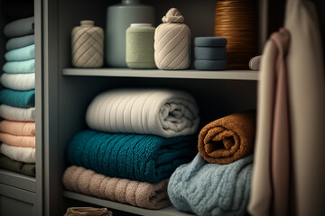Obraz na płótnie Canvas bath accessories towels shampoos and cosmetic in the closet bottle illustration Generative AI