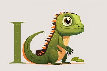 Fototapeta premium Iguana cute caracter and letter I logo. Generative AI .
